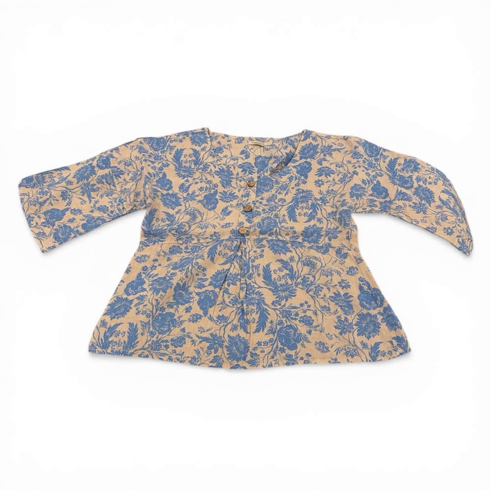 Laura Bianchi Linen Top Womens Large Blue Floral Button Front Italy